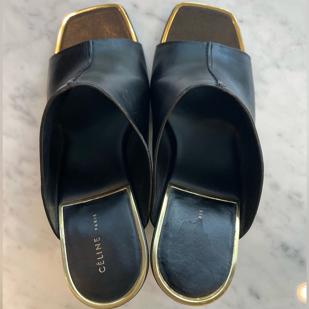 Celine Leather Slides, black w/gold trim, 4” block heel, EUC, 36.5 - Picture 11 of 14